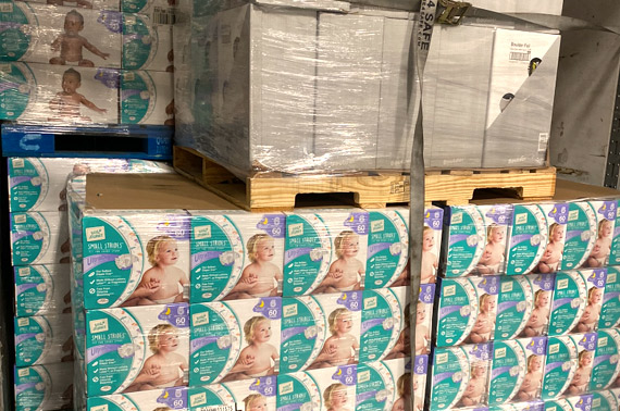 Pallets of baby diapers in warehouse in South Fulton